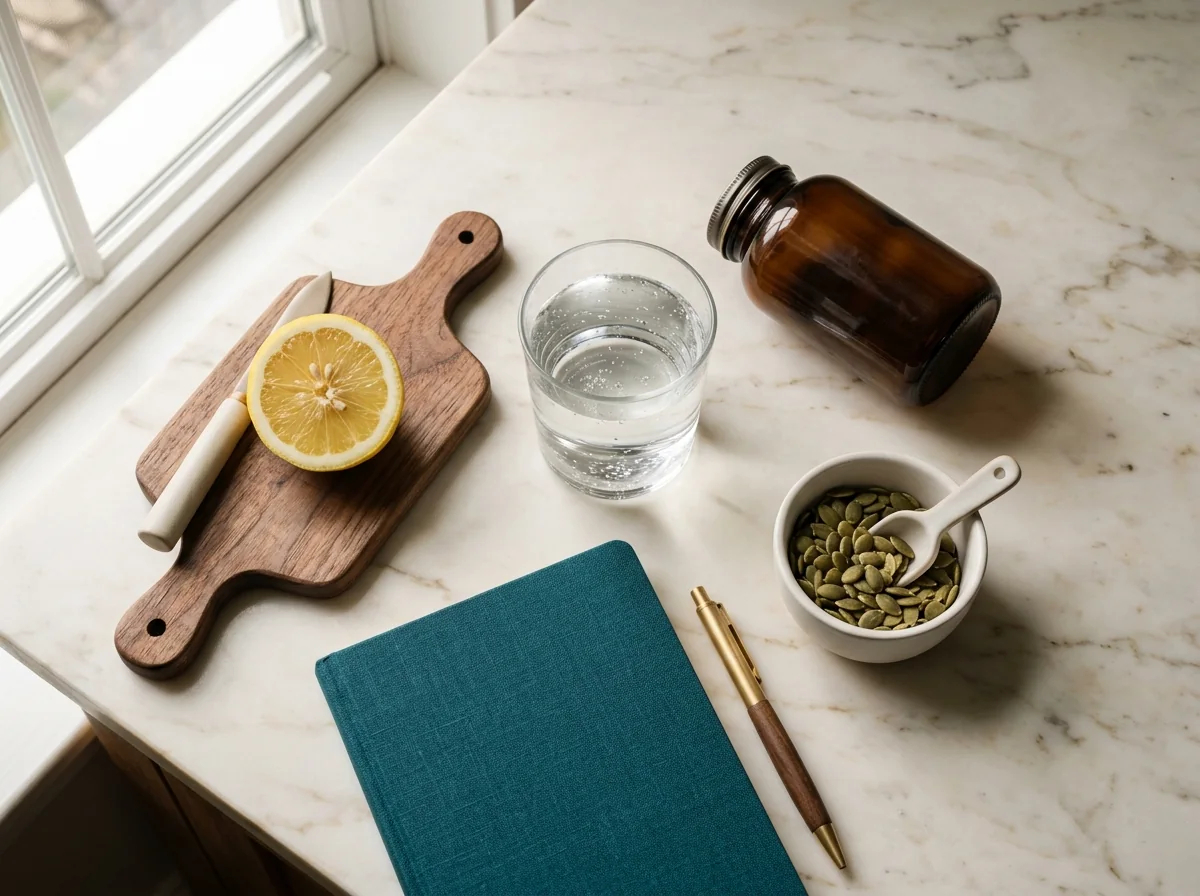 Men's morning wellness routine with supplement and hydration